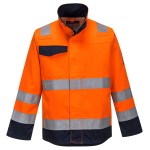 A orange jacket featuring flame-resistant fabric, suitable for a wide range of outdoor and site work applications.