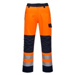 A pair of orange work trousers designed for use on construction sites and in industrial work environments.,