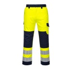 A pair of high-visibility yellow trousers featuring retroreflective tape panels, flame-resistant fabric, suitable for a wide range of outdoor and site work applications.