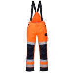A pair of high-visibility orange trousers featuring retroreflective tape panels, flame-resistant fabric, suitable for a wide range of outdoor and site work applications.
