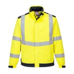 A high-visibility yellow softshell jacket featuring retroreflective tape panels, flame-resistant fabric, suitable for a wide range of outdoor and site work applications.