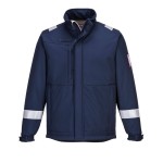 A navy blue softshell jacket featuring flame-resistant fabric, suitable for a wide range of outdoor and site work applications.