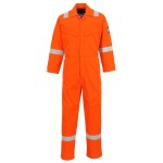 A orange coverall featuring flame-resistant fabric, suitable for a wide range of outdoor and site work applications.