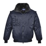 A navy blue jacket designed for use on construction sites and in industrial work environments.,