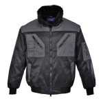 A black jacket designed for use on construction sites and in industrial work environments.,
