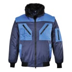 A navy blue jacket designed for use on construction sites and in industrial work environments.,