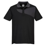 A black polo shirt designed for use on construction sites and in industrial work environments.,