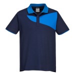 A navy blue polo shirt designed for use on construction sites and in industrial work environments.,