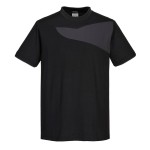 A black work shirt designed for use on construction sites and in industrial work environments.,