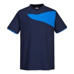 A navy blue work shirt designed for use on construction sites and in industrial work environments.,