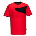 A red work shirt designed for use on construction sites and in industrial work environments.,