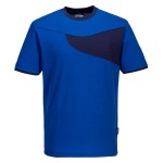 A navy blue work shirt designed for use on construction sites and in industrial work environments.,