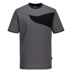 A grey work shirt designed for use on construction sites and in industrial work environments.,
