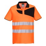 A high-visibility orange polo shirt featuring retroreflective tape panels, suitable for a wide range of outdoor and site work applications.