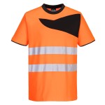 A high-visibility orange work shirt featuring retroreflective tape panels, suitable for a wide range of outdoor and site work applications.