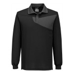 A black polo shirt designed for use on construction sites and in industrial work environments.,