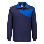 A navy blue polo shirt designed for use on construction sites and in industrial work environments.,