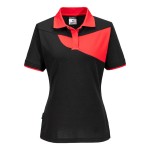 A women's black polo shirt designed for use on construction sites and in industrial work environments.,
