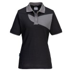 A women's black polo shirt designed for use on construction sites and in industrial work environments.,