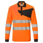 A high-visibility orange polo shirt featuring retroreflective tape panels, suitable for a wide range of outdoor and site work applications.