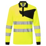 A high-visibility yellow polo shirt featuring retroreflective tape panels, suitable for a wide range of outdoor and site work applications.