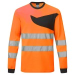A high-visibility orange work shirt featuring retroreflective tape panels, suitable for a wide range of outdoor and site work applications.