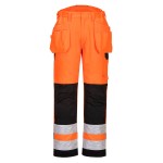 A pair of high-visibility orange trousers featuring retroreflective tape panels, functional pockets, suitable for a wide range of outdoor and site work applications.