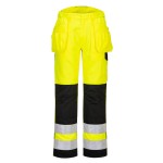 A pair of high-visibility yellow trousers featuring retroreflective tape panels, functional pockets, suitable for a wide range of outdoor and site work applications.