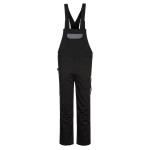 A black workwear garment designed for use on construction sites and in industrial work environments.,