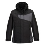A black jacket designed for use on construction sites and in industrial work environments.,