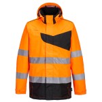 A high-visibility orange waterproof jacket featuring retroreflective tape panels, suitable for a wide range of outdoor and site work applications.