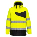 A high-visibility yellow waterproof jacket featuring retroreflective tape panels, suitable for a wide range of outdoor and site work applications.