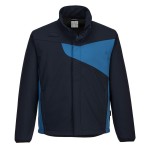 A black softshell jacket designed for use on construction sites and in industrial work environments.,