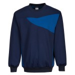 A navy blue work shirt designed for use on construction sites and in industrial work environments.,