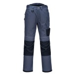 A pair of grey work trousers featuring stretch panels for ease of movement, suitable for a wide range of outdoor and site work applications.