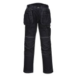 A pair of black work trousers featuring stretch panels for ease of movement, suitable for a wide range of outdoor and site work applications.
