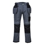 A pair of grey work trousers featuring stretch panels for ease of movement, suitable for a wide range of outdoor and site work applications.