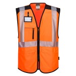A high-visibility orange vest featuring retroreflective tape panels, suitable for a wide range of outdoor and site work applications.
