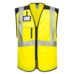 A high-visibility yellow vest featuring retroreflective tape panels, suitable for a wide range of outdoor and site work applications.