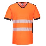 A high-visibility orange work shirt featuring retroreflective tape panels, suitable for a wide range of outdoor and site work applications.