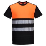 A high-visibility orange work shirt featuring retroreflective tape panels, suitable for a wide range of outdoor and site work applications.