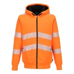 A high-visibility orange sweatshirt featuring retroreflective tape panels, a full-length zip front, suitable for a wide range of outdoor and site work applications.