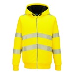 A high-visibility yellow sweatshirt featuring retroreflective tape panels, a full-length zip front, suitable for a wide range of outdoor and site work applications.
