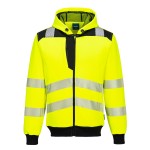 A high-visibility yellow sweatshirt featuring retroreflective tape panels, a full-length zip front, suitable for a wide range of outdoor and site work applications.