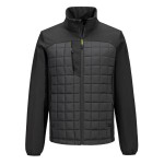 A black jacket designed for use on construction sites and in industrial work environments.,
