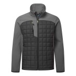 A grey jacket designed for use on construction sites and in industrial work environments.,