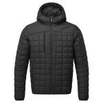 A black jacket designed for use on construction sites and in industrial work environments.,