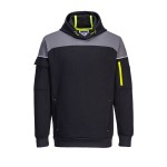 A black sweatshirt designed for use on construction sites and in industrial work environments.,