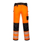 A pair of high-visibility orange trousers featuring retroreflective tape panels, suitable for a wide range of outdoor and site work applications.
