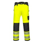 A pair of high-visibility yellow trousers featuring retroreflective tape panels, suitable for a wide range of outdoor and site work applications.